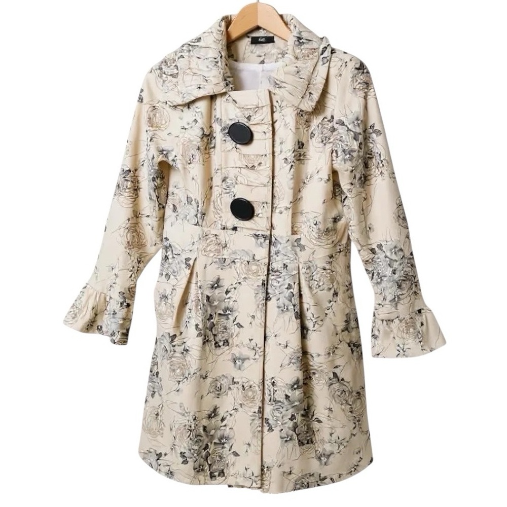 Pura Vida Floral Trench Coat Size 4 Cottagecore Toile Sketch Ruffle Jacket